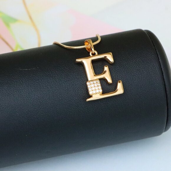 "Rose Gold Plated E Initial Pendant with Sparkling Stone Accent, XPPT1416 - Picture 7 of 13